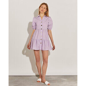 River Island Button Front Smocked Shirt Mini Dress In Purple Size 6 US